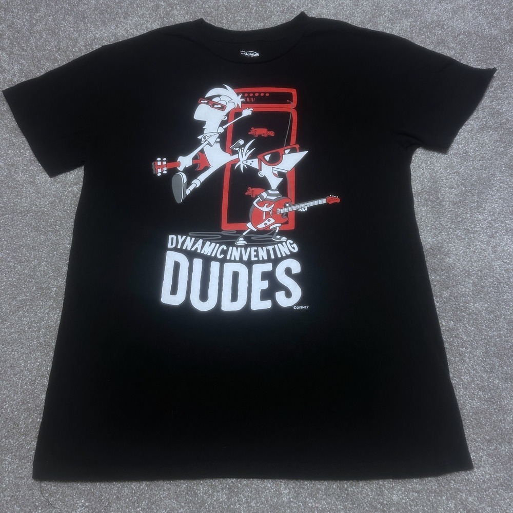 Disney Mens M Phineas and Ferb Dynamic Inventing Dudes Graphic Tee Black Shirt